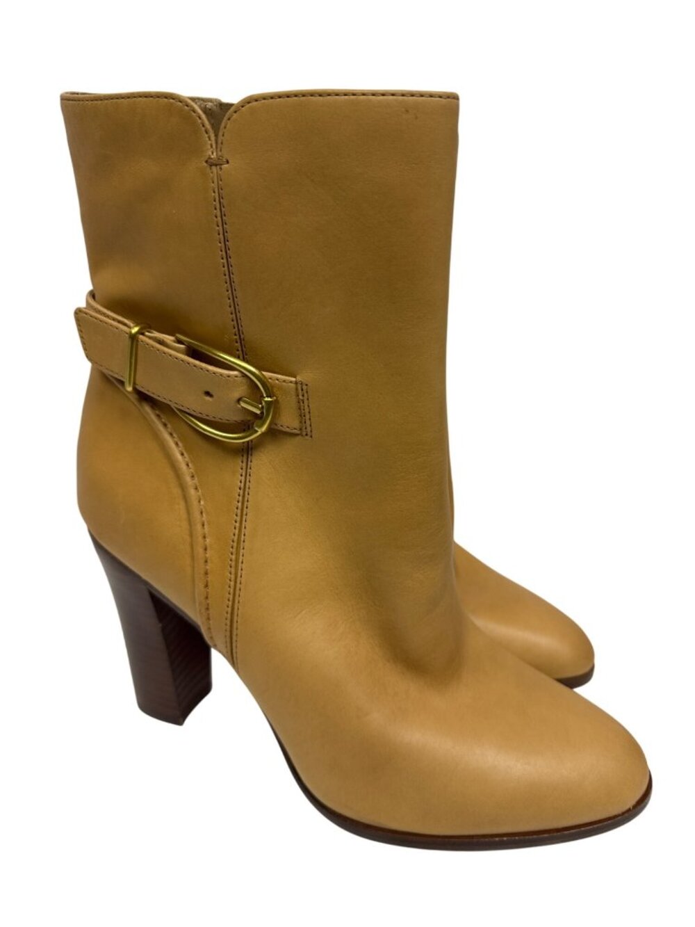 Veronica Beard Viv Boots 7.5M Tan Leather Buckle Block Heel Ankle NWOB Camel